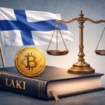 Suomen lippu, oikeuden vaaka ja bitcoin symboloivat kryptokasinoiden sääntelyä Suomessa