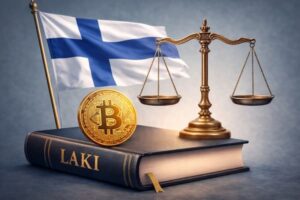 Suomen lippu, oikeuden vaaka ja bitcoin symboloivat kryptokasinoiden sääntelyä Suomessa