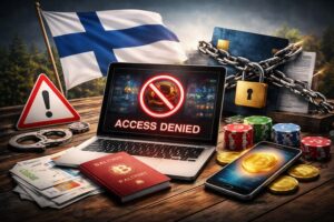 Kannettava tietokone, jossa lukee "Access Denied", lukko ja varoitusmerkki Suomen lipun edessä.
