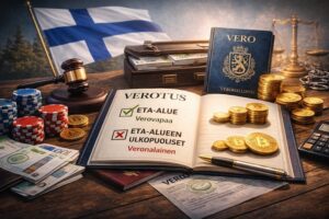 Avoin verokirja, jossa ETA-alue merkitty verovapaan ja ETA-alueen ulkopuoliset veronalaiseksi, Verohallinto-kirja ja oikeuden vaaka taustalla.
